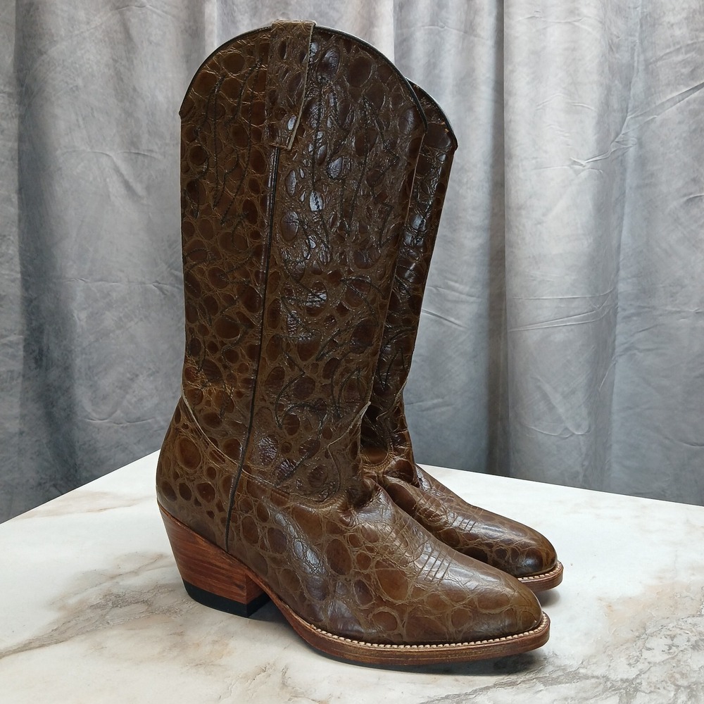 Jai Bor Texas Boots Alligator Belly Print Cowboy Boots Brown Men's US Size 8.5